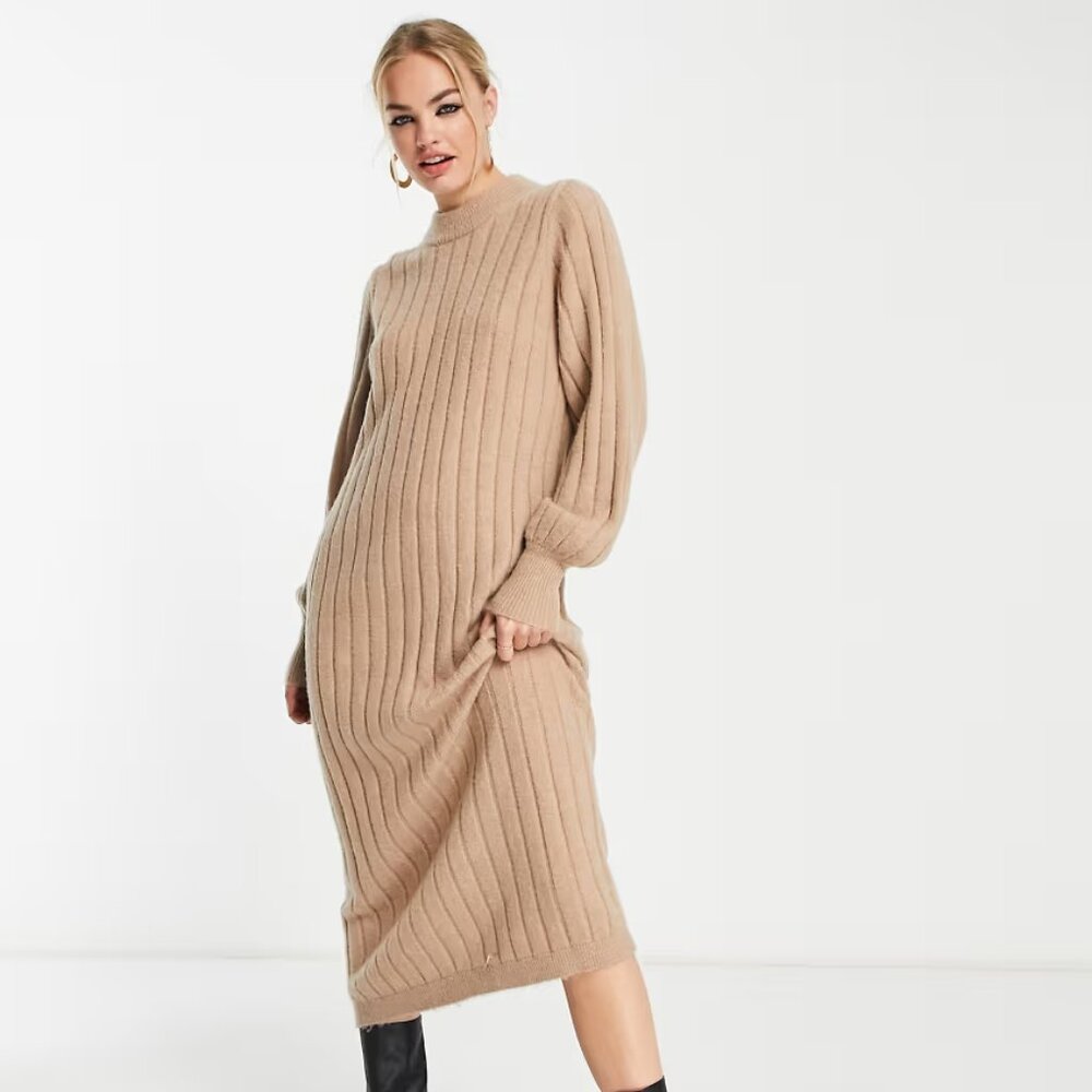 ASOS Selected Femme Knit Maxi Dress in Camel Warm Taupe Size Medium